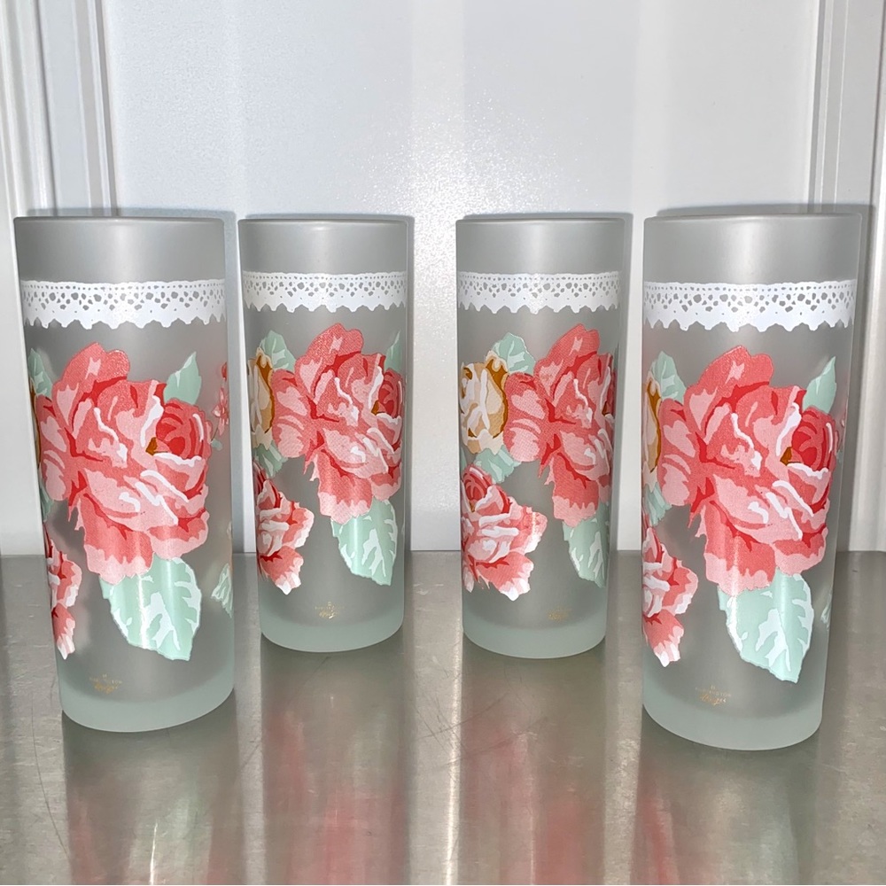 DARTINGTON DESIGNS ☆ Frosted Glass Floral & Lace 14 oz Tumblers ☆ Set of 4